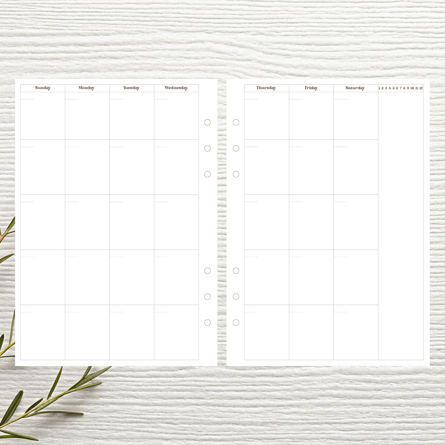 Sunday Start A5 Vertical Weekly Layout Six Ring Undated