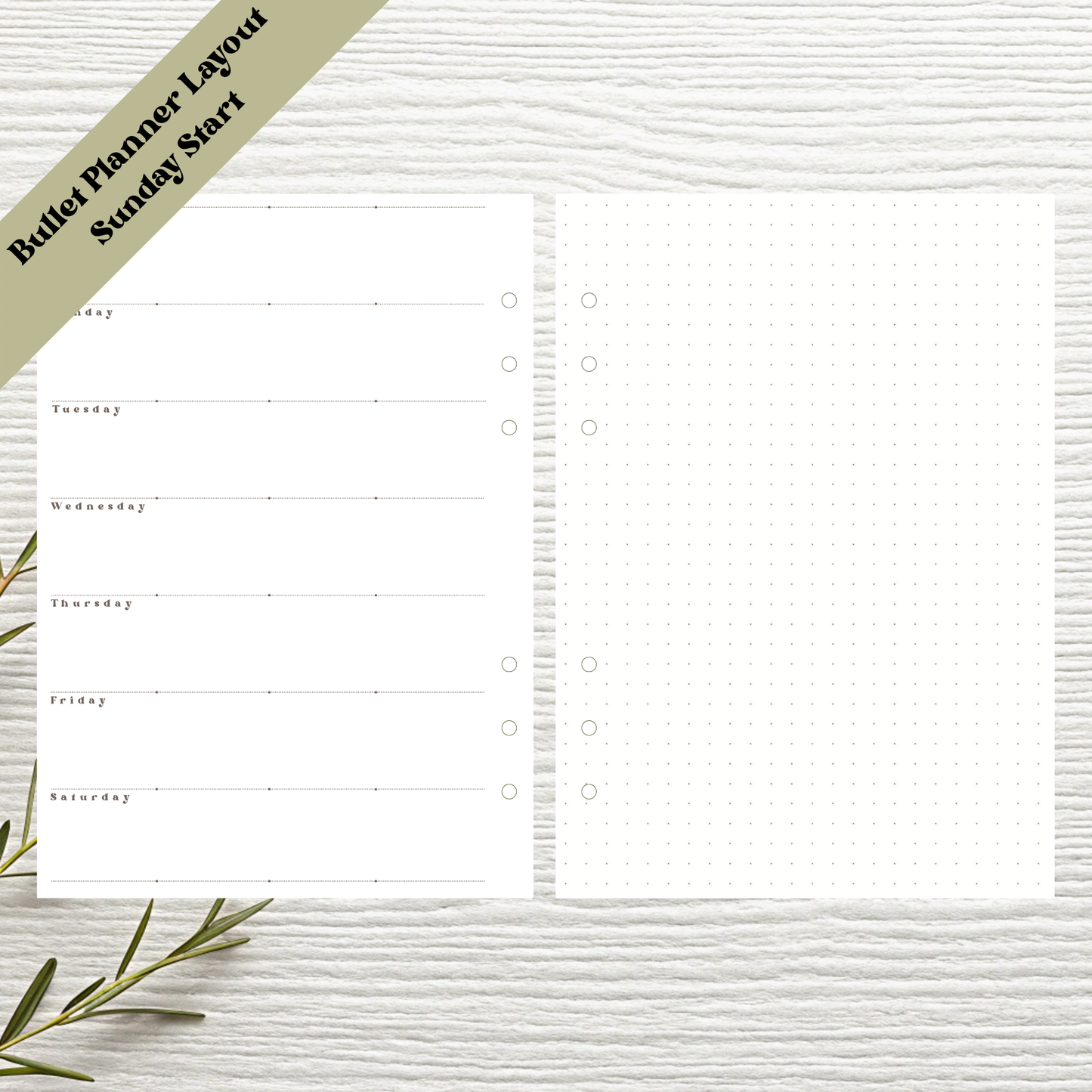 Sunday Start A5 Bullet Planner Weekly Layout Six Ring Undated