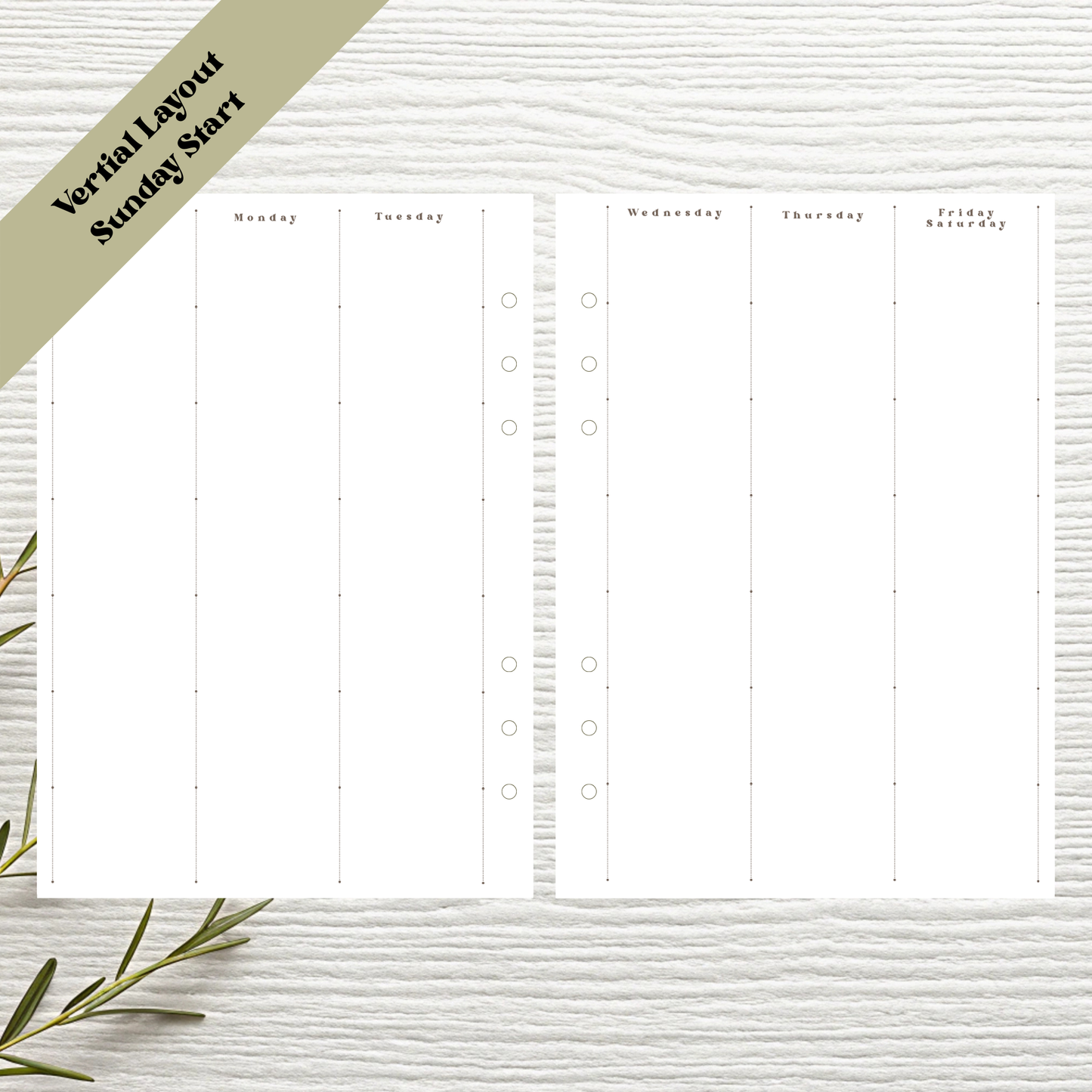 Sunday Start A5 Vertical Weekly Layout Six Ring Undated