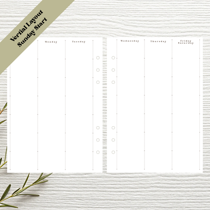 Sunday Start A5 Vertical Weekly Layout Six Ring Undated